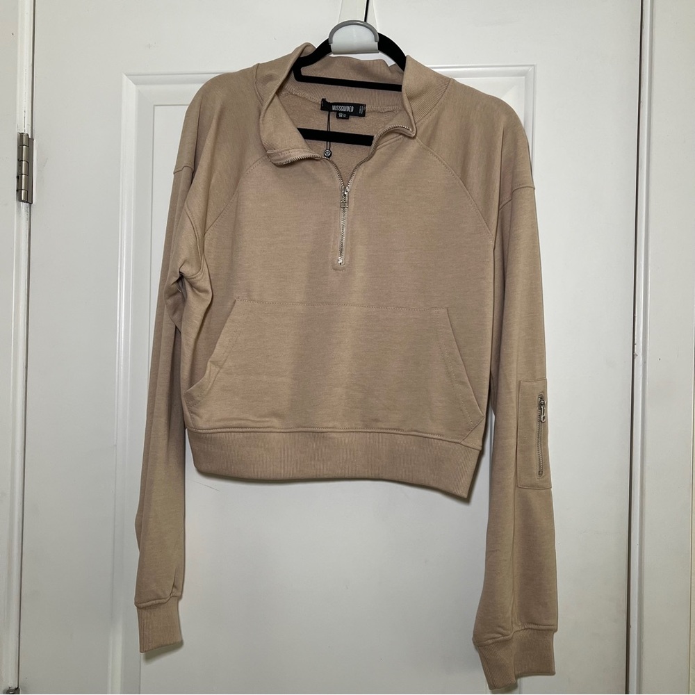 Missguided Stone Quarter Zip Cropped Sweatshirt Size 12
